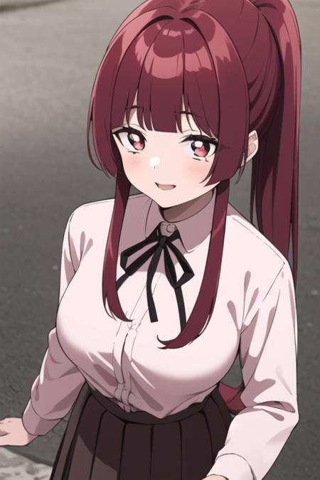 ((masterpiece, best quality)),1girl,standing,smile,large breasts,bangs, yaeka sakuragi,(pony tail), ((20 years old girl,adult)),collared_shirt,  long_hair, long_sleeves, looking_at_viewer,  pleated_skirt, ,neck_ribbon, red_hair,white shirt,pov,<lora:yaekamix:0.8>