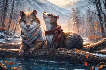 (RAW photo, 8k uhd, Analog style, Masterpiece, Best Quality, Highres:1.3), (dramatic, cinematic:1.2), BREAK,
movie shot of realistic (1beaver:1.35) wearing (sweater:1.4) (sitting:1.2) on (island on lake:1.2), (beaver tail, (paws:1.05):1.15), (holding stick:1.1), (river, detailed autumn mapple pine forest:1.2), (fabulous small house, beaver village:1.2), (mountains:1.1), (falling leaves:1.2), (wooden (logs:1.15), (moss:1.1):1.2), (morning, fluffy cloud:1.25), (godrays, light particles, colorful:1.3), looking at viewer, (frontal:1.2), BREAK,
(photorealistic, no humans:1.3), (quadruped:1.35), (wearing plaid sweater:1.35), ((scarf:1.1), cute (eyes:1.15), full body:1.1), (wildlife photo, photo by discovery channel:1.2), (fantasy fabulous dream world, shiny:1.3), (soothing calm mood:1.2), (scandinavian northern nature, outdoors, steam, waterfall, cliff, (aurora:1.05):1.1), snow, brown, (rodent teeth:1.1), BREAK,
<lora:more_details:0.8>,
<lora:zoom_slider_v1:3.8>,