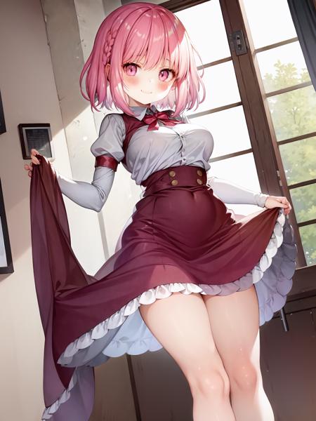 masterpiece, best quality, <lora:exh2-000002:1>, 1girl, blush, clothes_lift, eyebrows_visible_through_hair, lifted_by_self, looking_at_viewer, pink_eyes, pink_hair, puffy_short_sleeves, puffy_sleeves, red_eyes, red_footwear, red_skirt, robot_joints, shirt, short_hair, short_sleeves, simple_background, skirt, skirt_hold, skirt_lift, smile, solo, standing, white_background, white_shirt, dorothy haze,