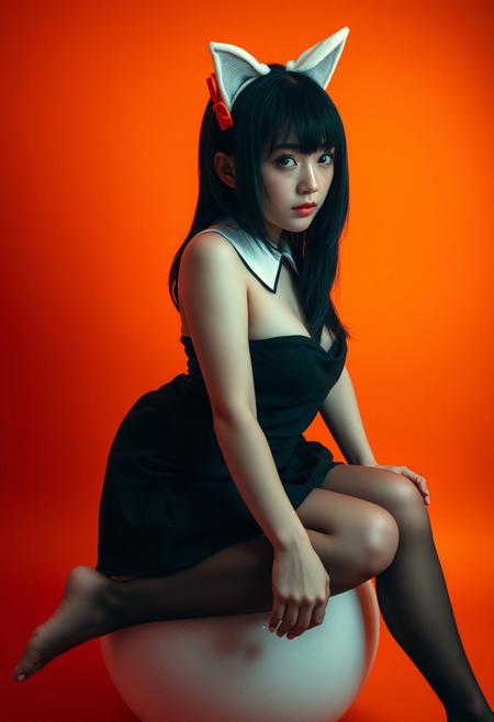 (Soft Lighting Photography by Mimoza Veliu and Mario Giacomelli:1.2), NSFW, Japanese college girl wearing white cat ears, long eyelashes, long black bob, face obscured by hair, bare feet, feet to viewer, white ears with red bow, sexy black dress with white collar, black and white striped stockings, breast exposed, sitting on a bouncy ball with her leg, white grunge, in profile, side view, surrealism, fashion illustration, orange background, avant-garde, vivid colors, filigree, photorealistic rendering, moody chiaroscuro lighting. sexy, dynamic poses,looking at viewer,