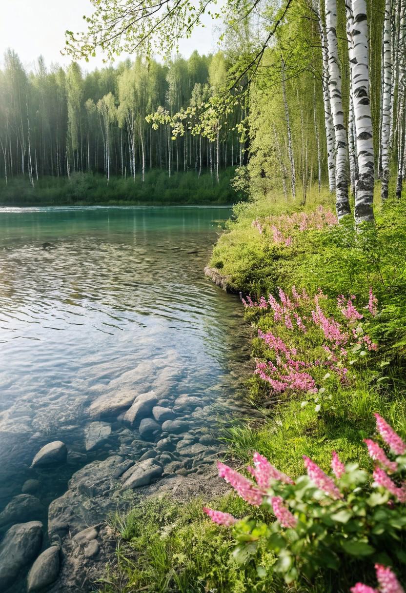 Amazing scenic view of birch forest with blooming pink flowers next to crytal clear water in river on background green trees in the morning rays of the sun, cinematic look, film, (shot on Nikon D850:1.2), <lora:add-detail-xl:1>, <lora:SDXLHighDetail:0.5>