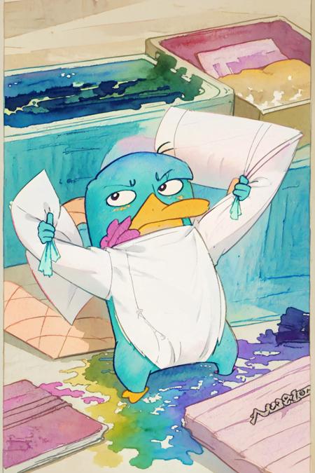 (moist paper,bright watercolor style,comfort,pastel painting illustration,concise,watercolor rendering,natural rendering,pigments mix naturally:1.3),Perry the Platypus,
 <lora:Perry:1>