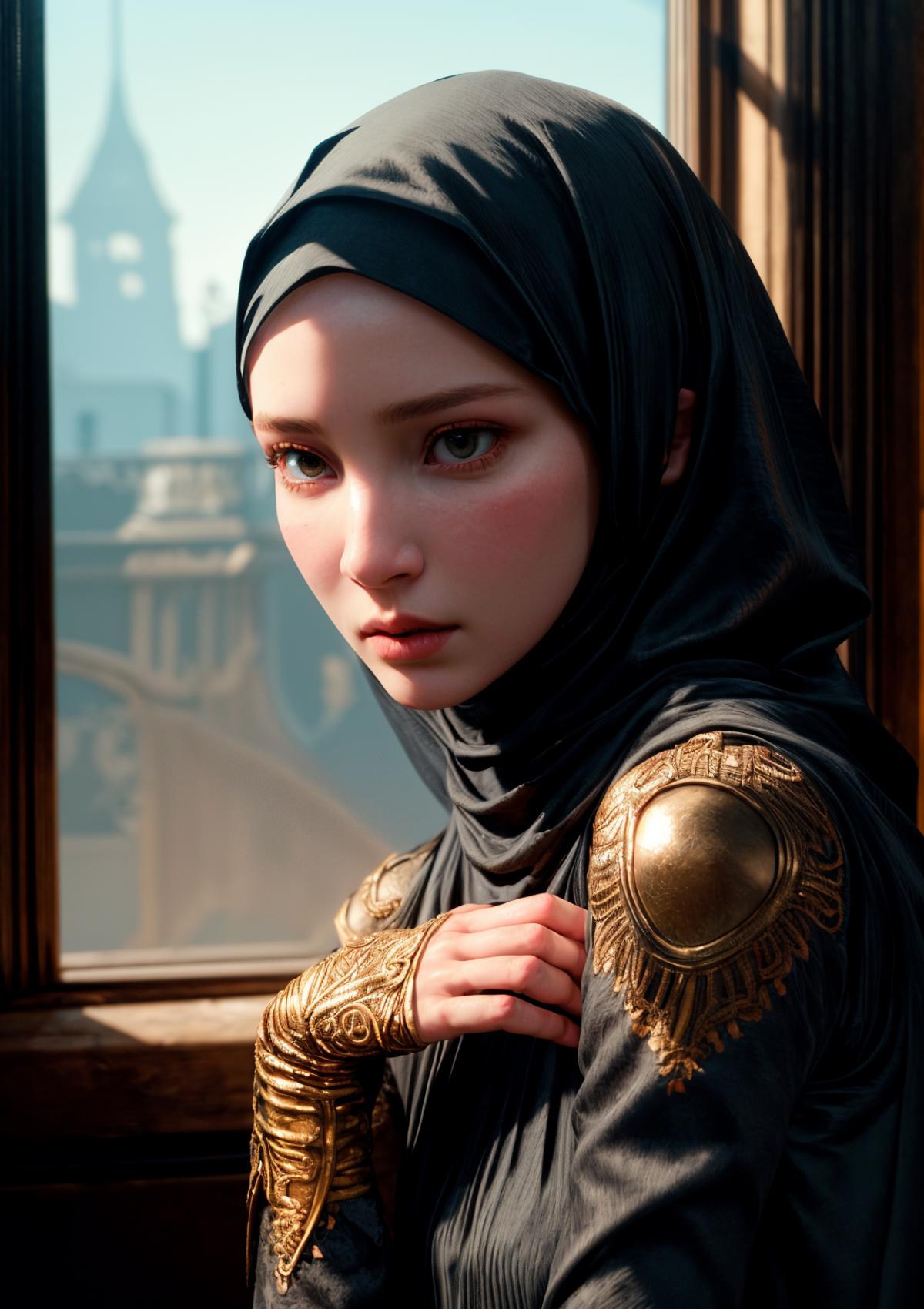 A young girl wearing a black hijab with gold accents, looking out a window.