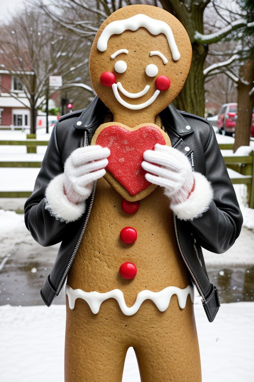 Gingerbread_Man, food, cookie, a realistic dancer holding a large gingerbread cookie, background with a street made out of gingerbread,  leather jacket, lipstick, snowy environment
