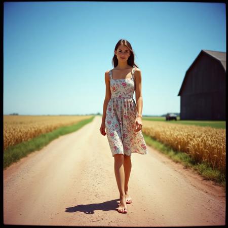 Faded Photo, analog film photo style captured with a Hasselblad 501, 120mm film, contact print, thin black film border around photo,  film photography enhanced with retro grain, a beautiful young woman wearing a beautiful summer dress, walking barefoot down a dirt road, large barn in background, fields of wheat on each side of rod, deep blue sky, an old portrait ,posing dynamic, slight smile, analog photo   <lora:Thorabirchv2x2:1> th0r4b . dark, mysterious, haunting, dramatic, ornate, detailed . faded film, desaturated, 120mm film photo, grainy, vignette:0.8, vintage, Kodachrome, Lomography, stained, highly detailed, found footage, analog, old faded photo, old polaroid, color graded portra 400 film, remarkable color, ultra realistic, textured skin, remarkable detailed pupils, realistic dull skin noise, visible skin detail,