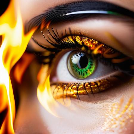 Ultra extreme closeup of a young womans eye ((((with fierce fire inferno reflecting from it)))), glossy green eye shadow, fire lighting the dark scene, super macro, green eye, view from side, mascara, winged eyeliner, mesmerizing, eyelash extension, shallow depth of field, f/1.4, focus blur, beautiful, bokeh, reflections, ultra realistic, gorgeous, silky smooth skin, dramatic light