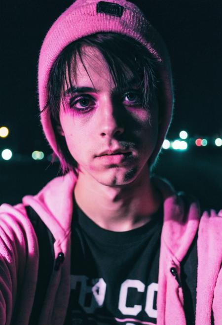 go pro photo, half body,1man, 25 y.o. , night , low andle, bright clothes 90's, grainy photo, analogue glitch effect, emo, black and pink colors in clothes, black eyeliner