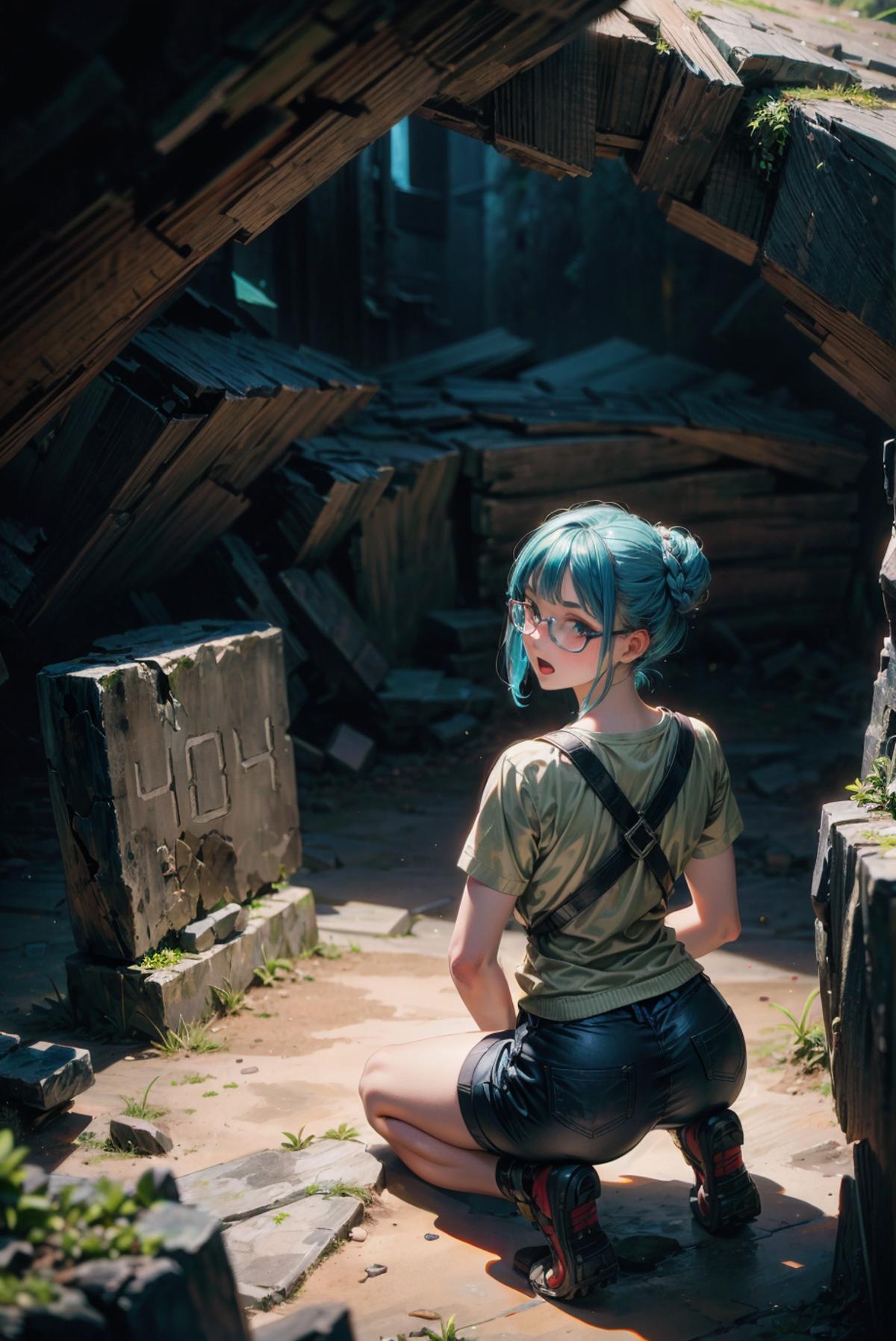 Blue-haired girl posing in a ruined setting with a backpack and glasses.
