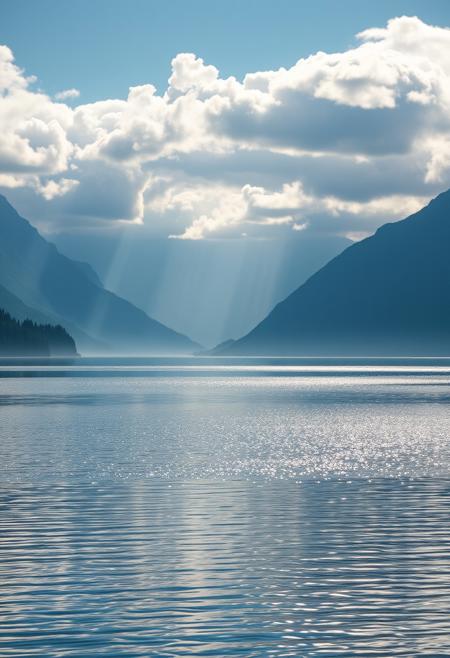 A serene landscape of a sparkling lake, gentle clouds drifting in a bright blue sky, majestic mountain peaks emerging from the mist, vibrant colors, reflective water surface, tranquil atmosphere, high detail. highly detailed and hyper realistic photo, by Alena Aenami , by Archibald Thorburn , by Daniele Afferni , in the style of  monochromatic silhouette reflection,  limited dark palette, unusual dark colors, faded colors, atmospheric haze, highly dramatic cinematic lighting, motion blur, film grain,  professional, excellent composition, finest details, maximized details, ultimate detail level, masterpiece, best quality