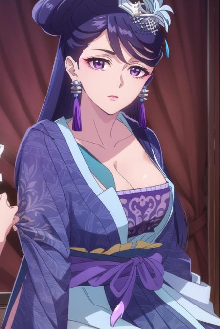 lihua, <lora:lihua s1-lora-nochekaiser:1>,
lihua, long hair, (purple eyes:1.1), purple hair, flower, earrings, hair flower, makeup, lipstick,
BREAK cleavage, jewelry, chinese clothes, hanfu,
BREAK indoors,
BREAK looking at viewer, (cowboy shot:1.5),
BREAK <lyco:GoodHands-beta2:1>, (masterpiece:1.2), best quality, high resolution, unity 8k wallpaper, (illustration:0.8), (beautiful detailed eyes:1.6), extremely detailed face, perfect lighting, extremely detailed CG, (perfect hands, perfect anatomy),