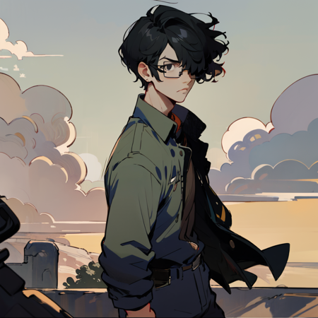 solo, 1boy, handsome,nate moore, glasses, bangs cover one eye,  short black hair, cowboy shot, on a cliff, wind, clouds, dusk, side profile