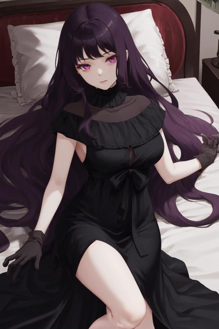 masterpiece, best quality, highres, 1girl tilty claret purple eyes, black choker black dress long dress black gloves black bow frills <lora:tilty_claret:1> lying on back, bed sheet