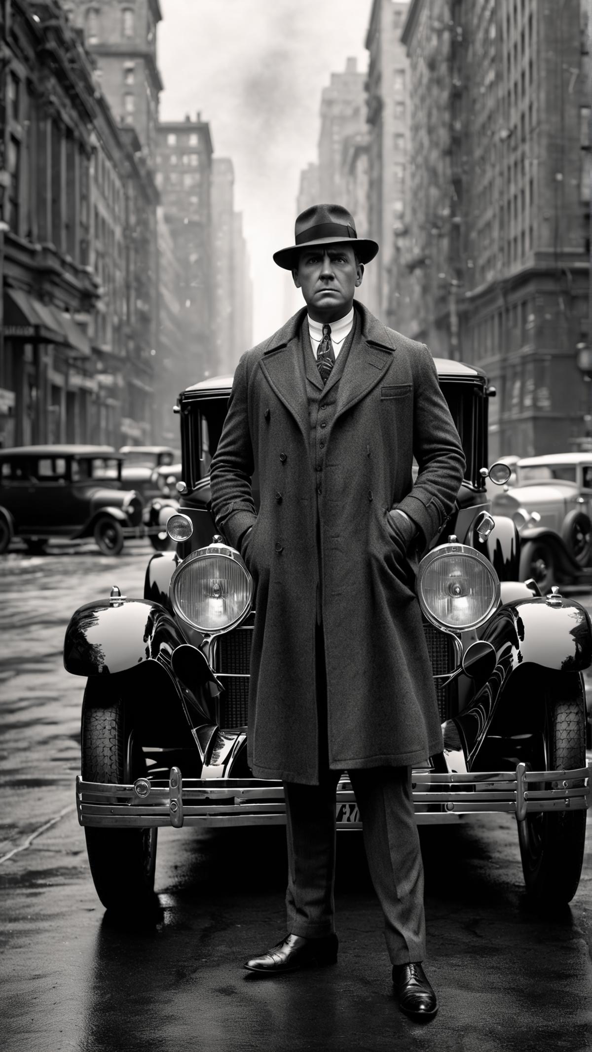 Man in a Long Coat Standing Next to a Classic Car in a Black and White Photo