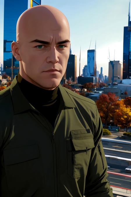 lex luthor, bald, green eyes green jacket, black shirt, turtleneck, brown pants