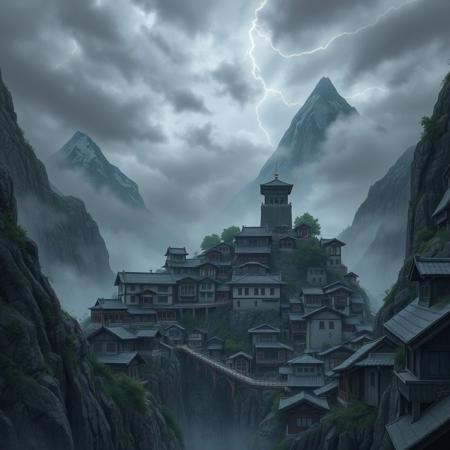 A liminal space in Kumogakure, the Hidden Cloud Village, exactly as seen in Naruto. Towering mountains surround the village, their peaks disappearing into a thick layer of clouds. The traditional yet imposing buildings, constructed from stone and reinforced wood, cling to the cliffsides, connected by narrow bridges and winding paths. The Raikage’s tower, a massive structure of dark stone, stands at the village’s center, overlooking the empty streets below.
The village is completely deserted—no shinobi, no movement, only the distant sound of the wind howling through the mountain passes. The sky is a deep gray, filled with heavy clouds that seem to press down on the landscape. Occasionally, a faint crackle of lightning illuminates the misty peaks, casting brief shadows over the quiet village. The usual energy of Kumo is gone, replaced by a profound sense of stillness. The village feels suspended in time, as if the world has momentarily paused, leaving only the towering cliffs and endless sky.