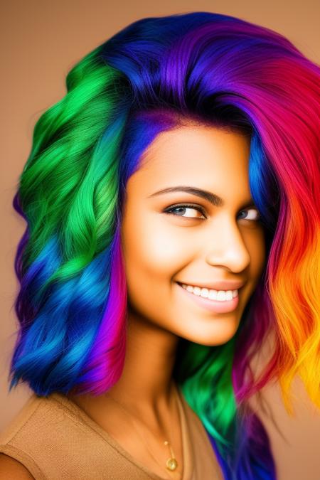 dskflll, 1girl, solo, a woman with rainbow hair, incredibly detailed beauty,brown eyes,  rim lighting, cinematic ,lighting ,photo quality, vivid, kodak colors, 8k concept, 128k, 108mp DSLR,  dskflll