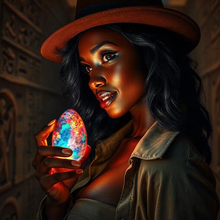 Profile++++ side++++ view++++ shot. Intricate origami style portrait, intense dramatic lighting and deep vibrant, colorful hues. golden brown skin ebony African bimbo woman with long feathered and layered shiny black hair and busty+++ huge breasts++++, fedora and khaki open, unbuttoned shirt holds a vivid, colorful vibrant, shimmering, star filled, nebula filled, opal dragons egg in her perfect hand in an Egyptian treasur vault room. Vivid colors, dolorful, art, aritstic, high contrast, folded paper aesthetic. Pretty, beautiful, stunning. Indiana Jones style. Movie Poster. Full size. looking at viewer. Artistic movie poster for an Indiana Jones style movie. Ancient stone walls. Egyptian Hieroglyphs. Perfect hands. fingers. fingernails. Diamond faceted gem. Warm, soft, arrogant+++++, sexual, smile+++.