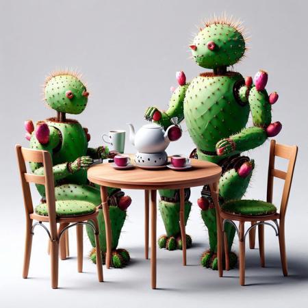Helper robot serving tea, tea pot, cafe, table, chairs, <lora:Prickly Pear Style v1:1>, Prickly Pear Style,
