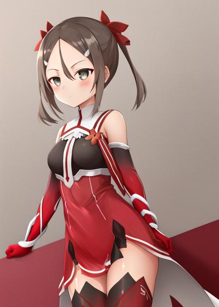 <lora:Miyoshi_Karin-10:1>, Miyoshi_Karin, 1girl, solo,brown hair, hair ornament, thighhighs, gloves, dress, hair between eyes, bare shoulders, twintails,brown hair, boots, elbow gloves,parted bangs, grey eyes, thigh boots, red dress, red footwear, red gloves, red thighhighs,red leotard,upper body