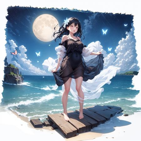 [(white background:1.5)::5], isometric,
1 girl, mid shot, full body, 
standing on ocean, sea waves, water splashes, sky, detailed moon, light particles, butterflies, night, starry sky,
<lora:Gacha Splash mid shot:0.9>