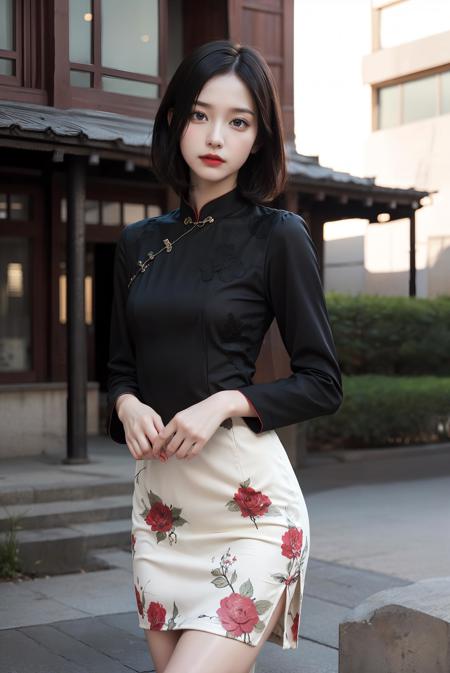 (akusema long sleeves printed china dress),1 girl,upper body, high heels,(short hair:1.1), (realistic:1.7),((best quality)),absurdres,(ultra high res),(photorealistic:1.6),photorealistic,octane render,(hyperrealistic:1.2), (photorealistic face:1.2), (8k), (4k), (Masterpiece),(realistic skin texture), (illustration, cinematic lighting,wallpaper),( beautiful eyes:1.2),((((perfect face)))),(cute),(standing),(black hair),(short hair),black eyes,red lips, (outdoors),<lora:ChinaDress:0.55>,  <lora:JapaneseDollLikeness_v15:0.4>,