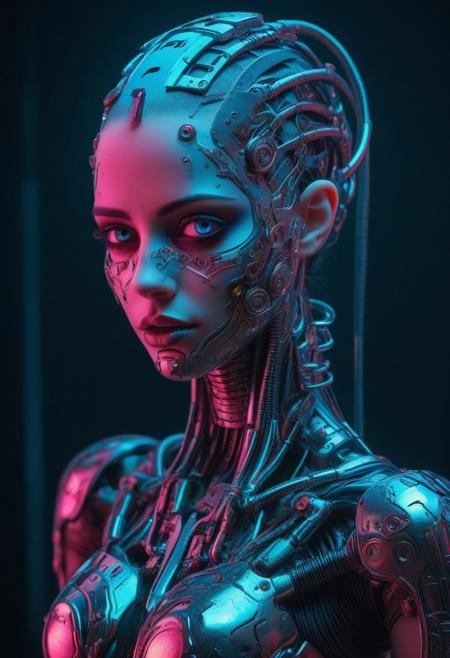 biomechanical girl with a cyberpunk appearance with metal pieces on her face and body, with a glass appearance and very vivid neon-type colors, deep gaze, very stylized and feminine, big eyes, no hair