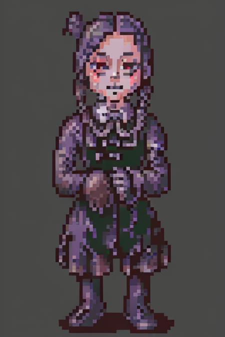 <lora:SNES Earthbound Enemies V11-000008:1.0>,Earthbound_enemy, neutral grey background, pixelart, drop shadow,   <lora:wednesday90:0.75> Wednesday Addams