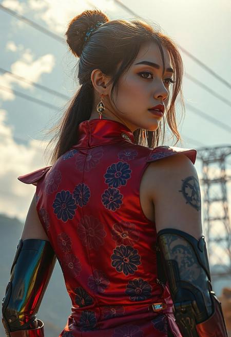 armor reflects fractured sunlight like liquid steel. The backdrop is impossibly alive — sky and machine bleed into each other. Her crimson cheongsam hugs her synthetic frame, patterned in royal blue chrysanthemums, which shimmer subtly with each shift of light. The sleeveless cut reveals full cyborg arms: one sleek and polished, the other layered with tattoo-like circuit glyphs glowing faintly.  On her back, a katana with blackened edge and etched runes rises like a totem, locked into a reinforced spine port. Thin fiber wires lead from her shoulder to a distant power pole, barely visible above. Her glowing earrings sway faintly in a wind you can’t feel, casting tiny flares of red across her collarbone.  Lighting: Dramatic vertical sunlight with iridescent color bounces from the sky, highlighting chromatic steel and cheekbones. Environment: Heaven-machine hybrid vista, a dreamlike atmosphere fused with electric cables overhead, power boxes quietly humming. Mood: Stilled voltage, a goddess of the artificial heavens resting before ignition. <lora:MoriiMee_Gothic_Niji_Style_FLUX:0.3500000000000001> <lora:AsirAsianPhotographyflux:0.7000000000000002>