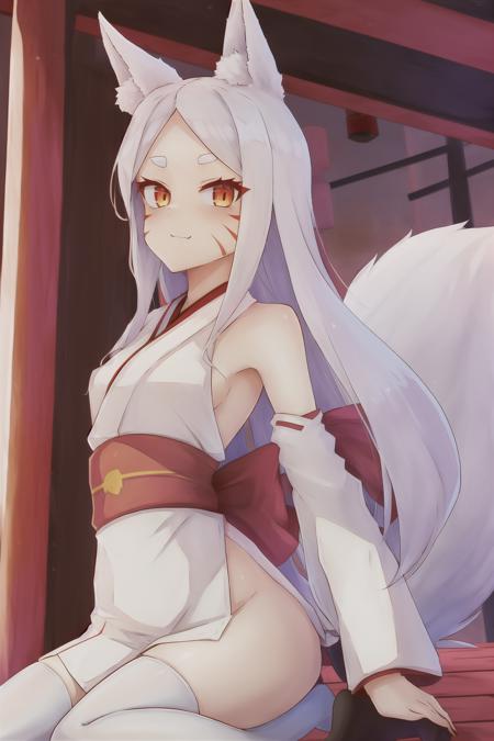 1girl, fox girl, fox ears, fox tail, long white hair, black stockings, shiro, facial mark, red japan gates, torii gates, loose hair, white clothes