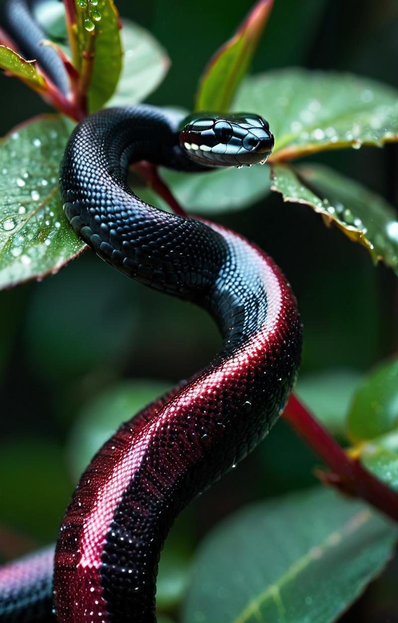 A Red and Black Snake with a Black Head on a Branch
