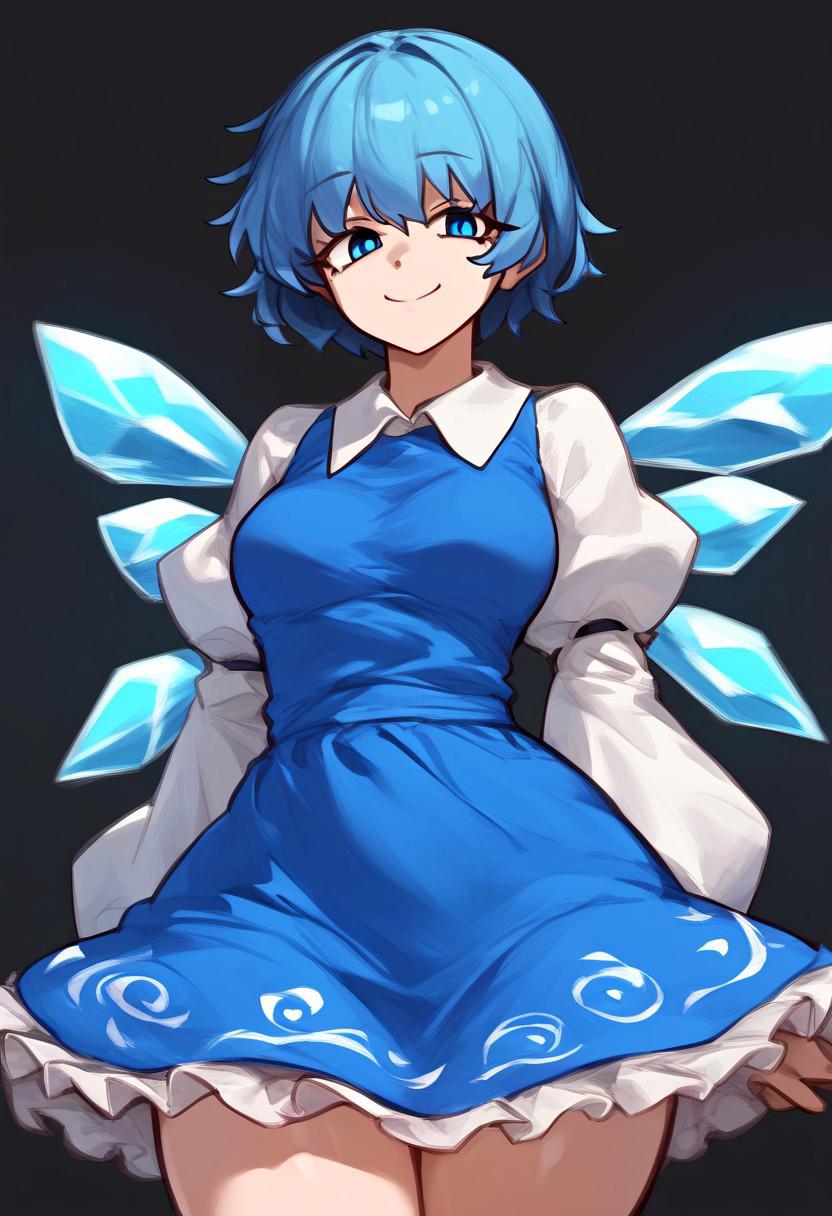 (score_9, score_8_up, score_7_up, score_6_up, source_anime), detailed glow, high contrast, looking at viewer, ((solo)), happy smile, squinted eyes, closed mouth, 1girl, average breasts, wide hips, cirno_(touhou), blue hair, short hair, bobcut, blue eyes, blue dress, frilly dress, white shirt, white sleeves, ice wings, cowboy shot, black background, empty background, <lora:add-detail-xl:-1>