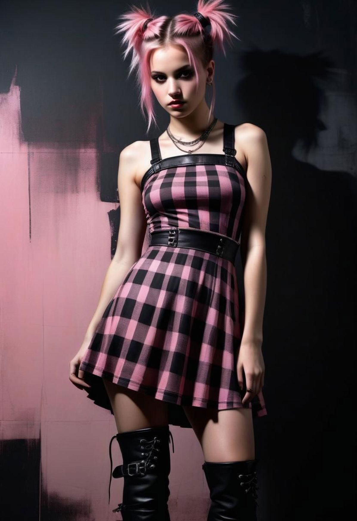 A woman wearing a pink and black checkered dress and black boots poses for the camera.