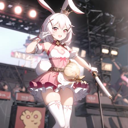 masterpiece, best quality, detailed, magical_teriri, 1girl, solo, red_eyes, white_hair, long_hair, hair_ornament, bangs, rabbit_ears, rabbit_girl, pink_dress, puffy_short_sleeves, white_gloves, white_thighhighs, stage, concert, idol, standing, <lora:magical_teriri_v2:1>