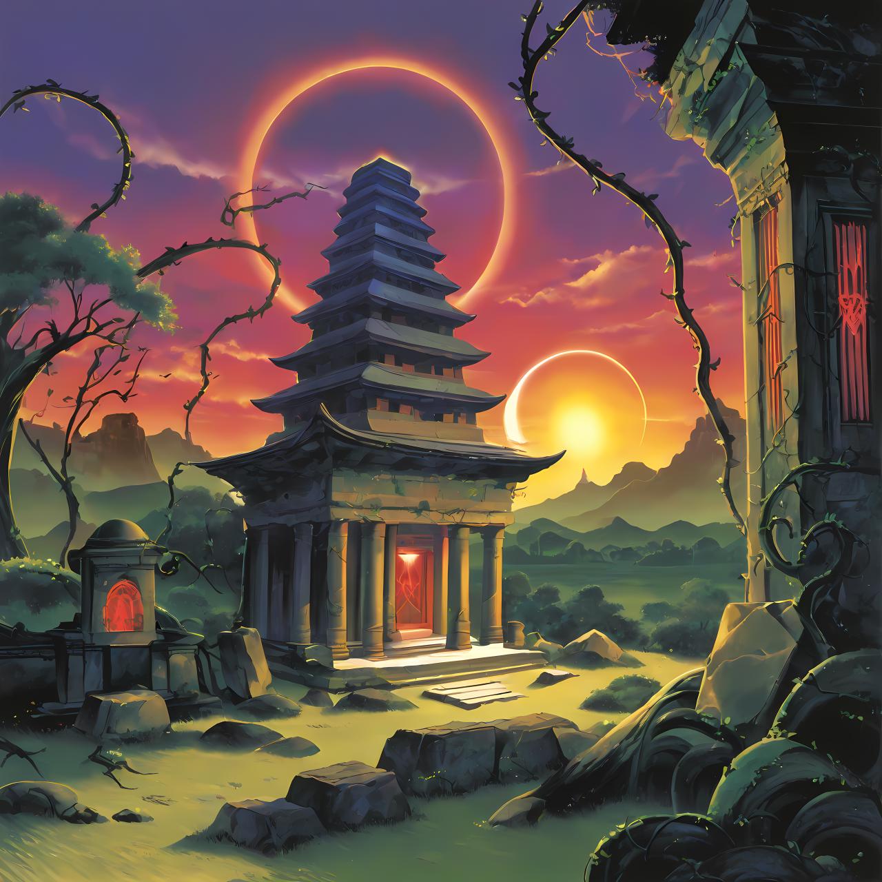 vinyl album, vinyl, record jacket, vinyl cover, vinyl cover from 1990s,  album cover art, top-rated, top - rated, 90s, album art, 

mostly red ,

 percusion ,

 epic landscape ,

 tower  ,


ancient temple, overgrown vines, glowing runes, mystical altar, 