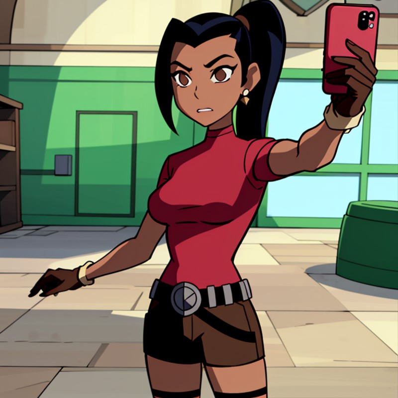 masterpiece,best quality, selfie,1girl ,solo, black hair,pony tail, breasts, red shirt, brown eyes, brown gloves,jewelry, ...
