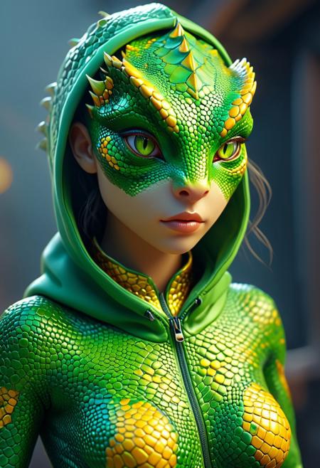 In a 3D anime-style illustration, present a captivating front view of a character who appears as an alluring, beautiful woman but harbors the secret identity of a lizard woman. The subtle scales on her skin and slit pupils of her eyes hint at her true nature. Dressed casually in a hoodie, she effortlessly blends into popular culture while concealing her reptilian essence. This detailed portrait, whether a digital painting or a meticulously rendered illustration, highlights the character's mesmerizing beauty and intriguing duality. Vibrant hues of green and gold accentuate her sleek, scaly skin, while her entrancing eyes offer a peek into her multifaceted personality. The exceptional level of detail and expert rendering produce a visually striking depiction that encapsulates the essence of this enigmatic figure. The artwork combines a beautiful, cinematic, and realistic style in full HD, with a cartoon-inspired style alongside Octane and 3D rendering techniques.