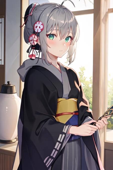 best quality, masterpiece, highres, solo, {yukata:1.40}, {kimono:1.20}, {gray_fgo:1.15}, bangs, grey_hair, green_eyes, short_hair, hair_between_eyes, cloak, cape, blush, closed_mouth