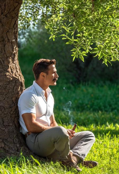 Realistic, very high quality RAW photography, intricate and exquisite details and textures, highly detailed and ultra detailed photography, warm lighting, 4k, high resolution, 1 man, mustache, handsome, beautiful, strong, muscular, 40 years old, shirt, long pants, sitting, under a tree, pensive, smoking a pipe, meadow, sunny, the tree casts a shadow on the man, peace, tranquility