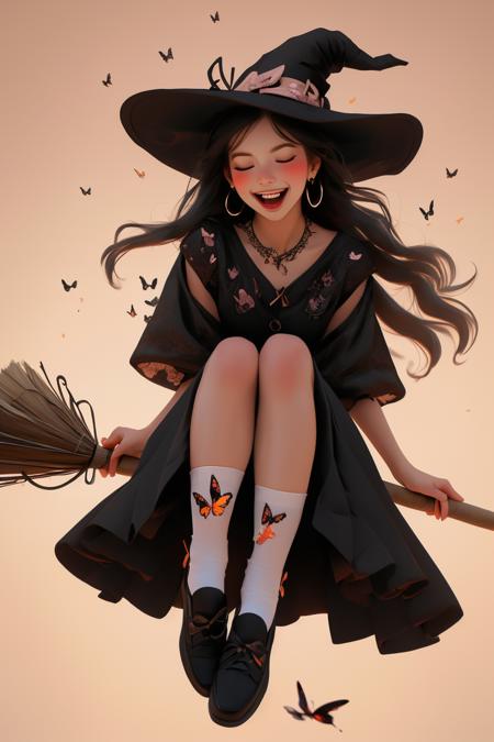 best quality,highly detailed,masterpiece,ultra-detailed,illustration,<lora:ä¸å£è:0.7>,
1girl,broom,hat,witch hat,solo,closed eyes,witch,broom riding,open mouth,smile,earrings,dress,jewelry,bug,black hair,flower,shoes,long hair,ribbon,blush,butterfly,black dress,full body,socks,