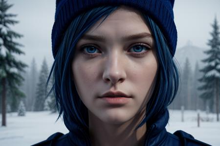 realistic, realism, photorealism, photo-realistic, high contrast, (photorealistic:1.4), (cinematic filter), (movie contrast), 8k high definition detailed realistic, (best quality, masterpiece:1.2), best quality, highly detailed, chloeprice_byammpuv1, teen, 20 yo, 20 year old,  detailed face, detailed eye, short hair, blue hair, dark blue beanie,   blue eyes,  looking at viewer, (face closeup:1.2), simple background:1.2), snow, snowing, <lora:more_details:0.8>