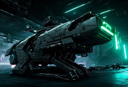 cyberpunk aesthetic, futuristic vehicles, suggesting a hangar location, by ben templesmith,  futuristic, neon, dystopian, urban, highly detailed, air vehicle, , guns, turret, laser cannon