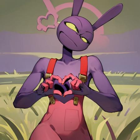 JaxAmazing ,  grass background , amazing art , thinking , bunny man purple fur , doing a heart with fingers<lora:JaxAmazingLora-000009:0.8>