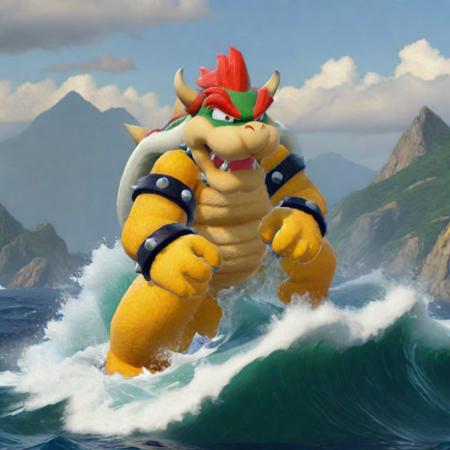 Bowser climbing the water mountain on the sea, realistic <lora:Bowser-cai:1> <lora:LCMSDXL:1>