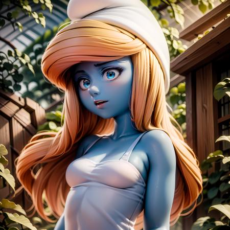 ((masterpiece, best quality)),(complex light),1girl , blonde hair, Smurfette, colored skin, blue skin,<lora:smurfette2:1>, hat,  blue eyes,upper body, white dress,