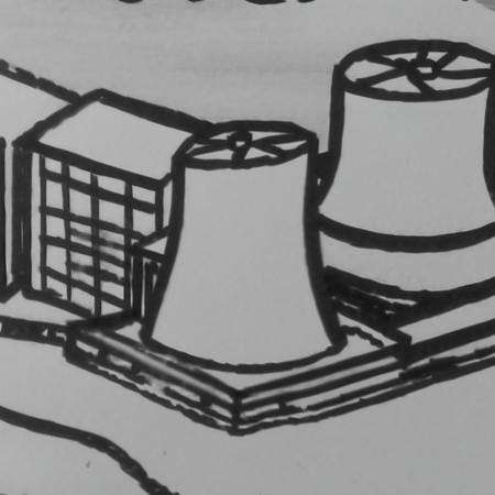 a black and white drawing of a nuclear power station