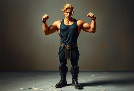 A beautiful gorgeous oil painting, rendered in a majestic Raphael Style with intricate Houdini Style details, depicting a muscular Elemental HERO Captain Gold with blonde hair. He is the sole object, positioned centrally, dressed in a black tank top and black boots, standing on a textured gray surface. His arms are robustly flexed, showcasing his detailed muscles, and his legs are slightly apart, poised in a powerful stance of readiness, suggesting he is the main focus. The Gold Pride - Chariot Carrie background is painted as an attractive, detailed environment concept, featuring stunning and harmonious colors, creating an immersive matte painting. This 4K, 8K, hyper-detailed artwork boasts a cinematic composition with captivating, dynamic dramatic lighting, highlighting sharp lines and brush strokes. The intentional focus on Captain Gold's well-timed moment, vivid emotions, and beautiful detailed eyes conveys a powerful message, making this an exquisite example of contemporary aesthetics and balanced editing.