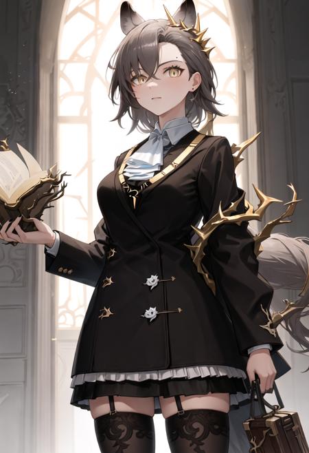 best quality, masterpiece, highres, solo, {penance_arknights:0.90}, 1girl, black_coat, black_thighhighs, long_sleeves, black_jacket, black_skirt, holding_book, looking_at_viewer, white_ascot, open_book, very_long_hair, black_nails, cowboy_shot