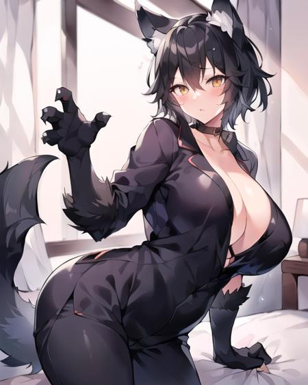 1girl, werewolf, wolf_girl, masterpiece, solo, mature_woman, older_woman, milf, black_hair, short_hair, blushing, plump, pajamas <lora:Werewolf_LoraV5:0.8>