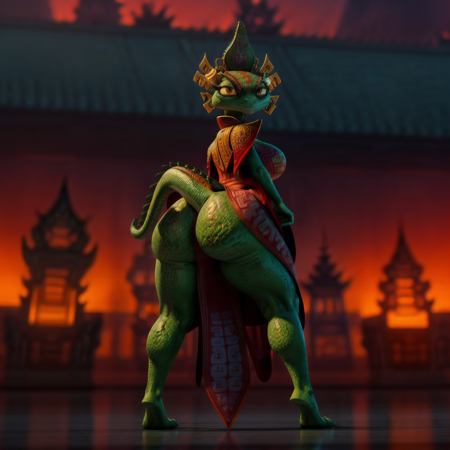 female, chameleon, (chinese imperial dress:1.1), crown, green scalie skin, tail