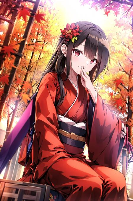 morino rinze, 1girl, solo, japanese clothes, umbrella, red eyes, kimono, oil-paper umbrella, smile, hair ornament, looking at viewer, hair flower, flower, sitting, blush, holding, finger to mouth, black hair, bangs, outdoors, tree, holding umbrella, closed mouth, sash, red kimono, wide sleeves, obi, shushing, long sleeves, autumn leaves, (masterpiece,best quality)